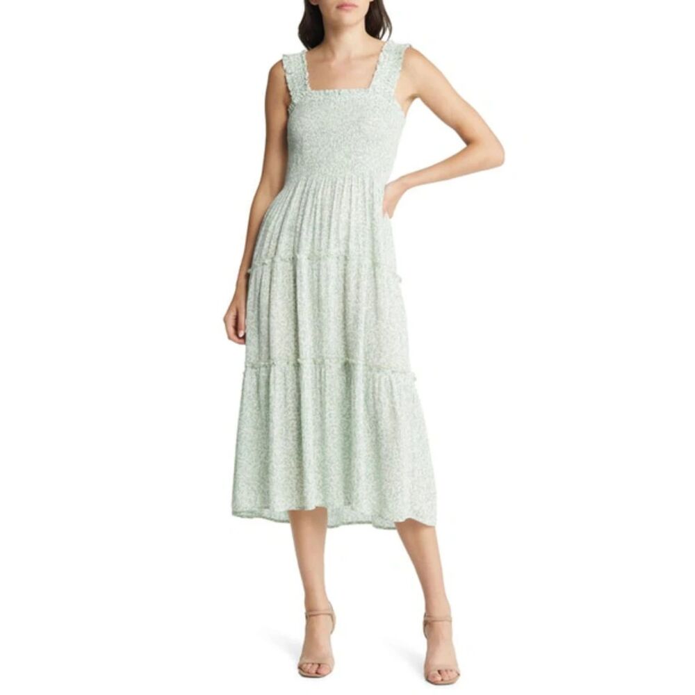 VERO MODA Sleeveless Smocked Strap Midi Dress Size L Desert Sage Prairie Tiered